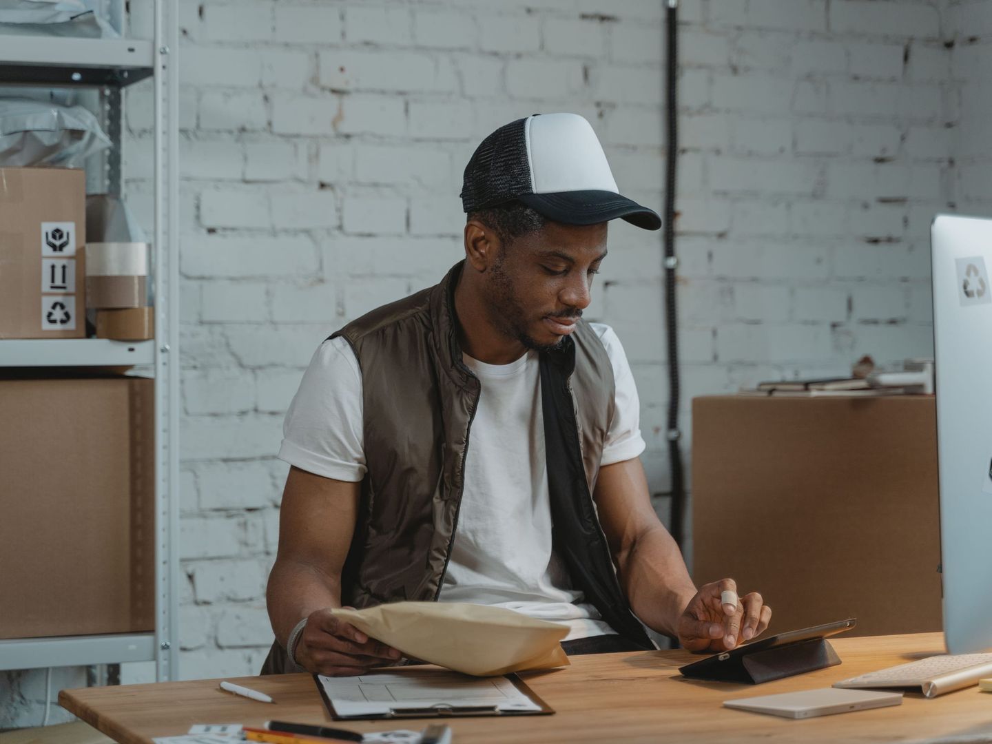 A manager checking shipments on a tablet in a warehouse