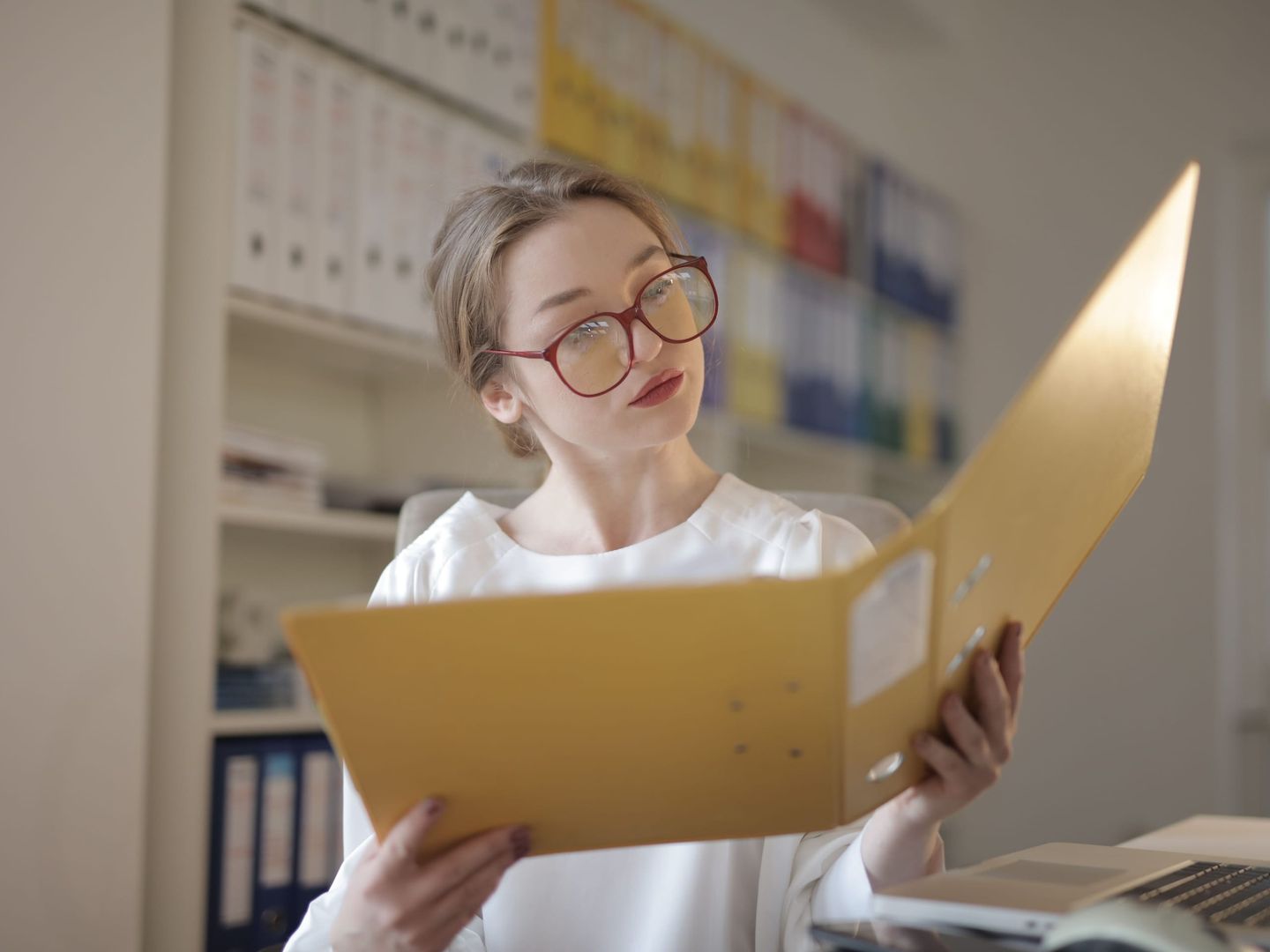 An accountant reviewing statements at an office window